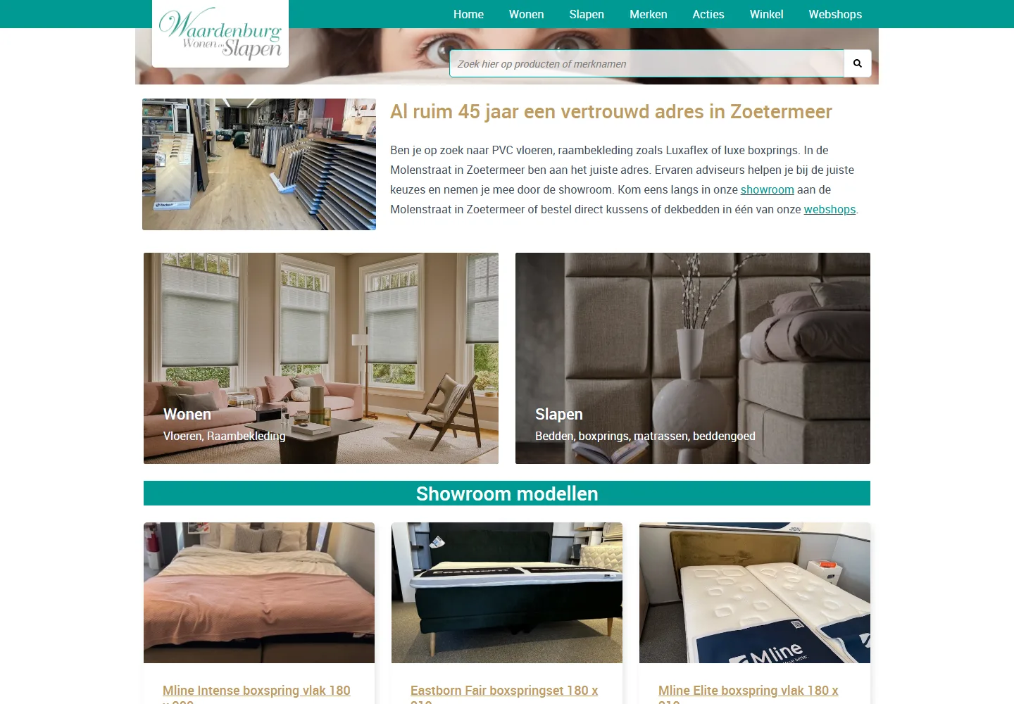 Screenshot van de website Waardenburg Wonen & Slapen